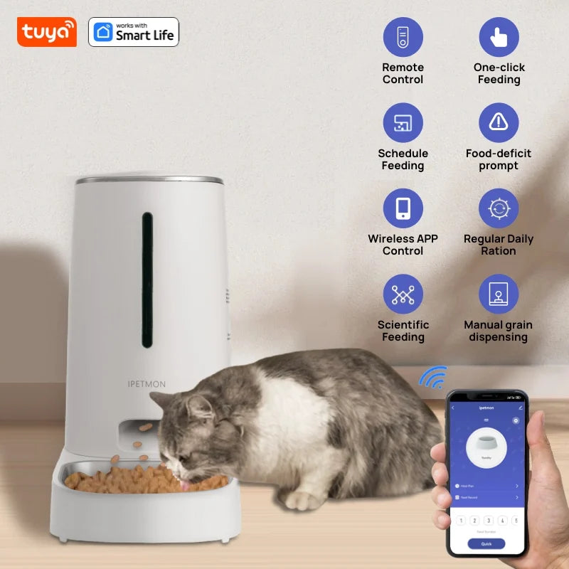 Distributeur automatique de nourriture 4L pour chats et chiens – Contrôle WiFi, bols en acier inoxydable, alarme de niveau bas