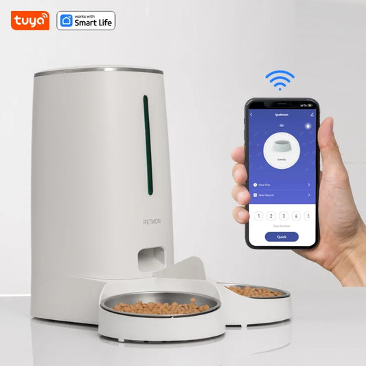 Distributeur automatique de nourriture 4L WiFi – Contrôle par application, bols doubles en acier inoxydable – Alarme de niveau bas