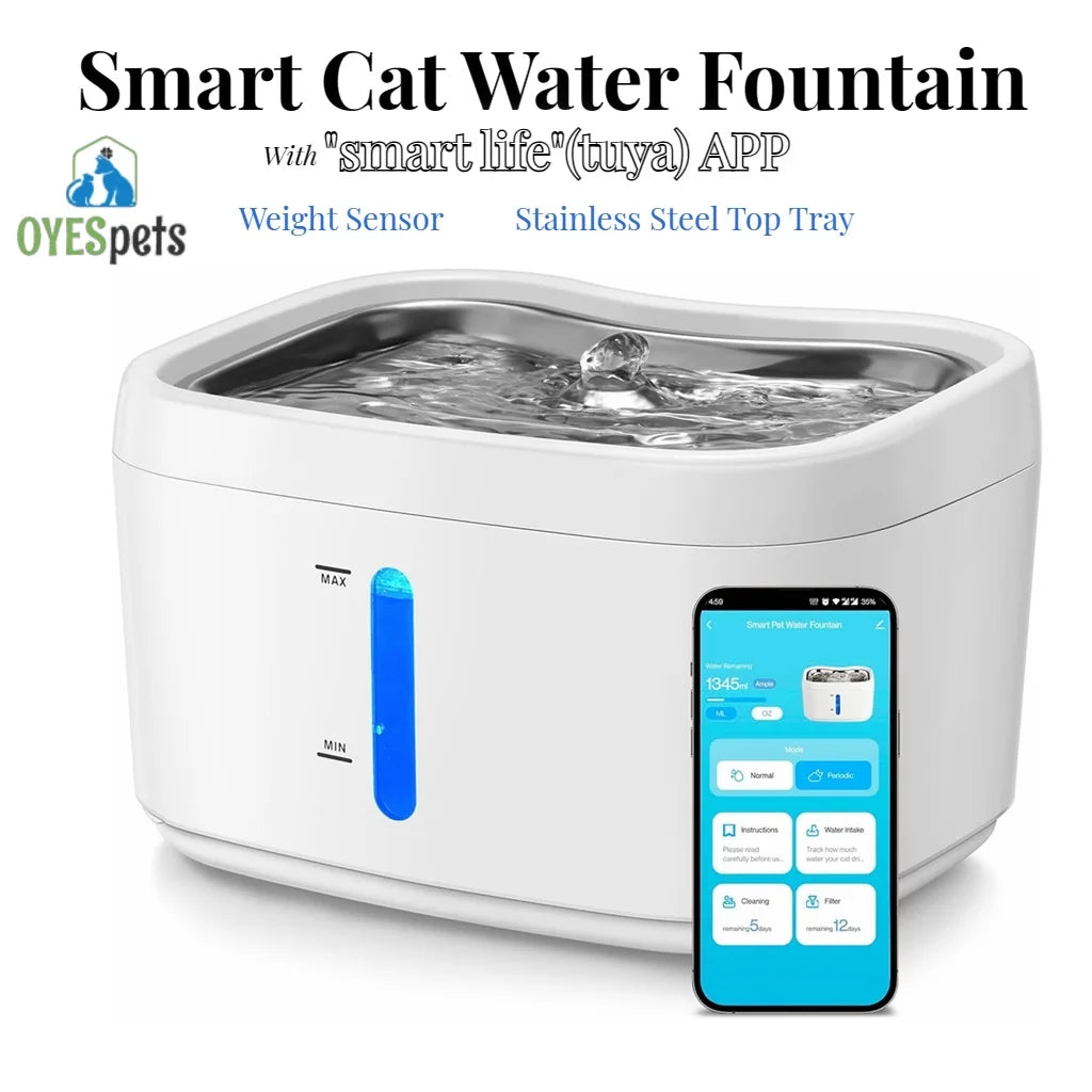 Fontaine d'eau automatique pour animaux de compagnie avec capteur de poids en acier inoxydable, connexion sans fil, chat, cage, 84oz, 2,5 l MyPetOnlyPlus