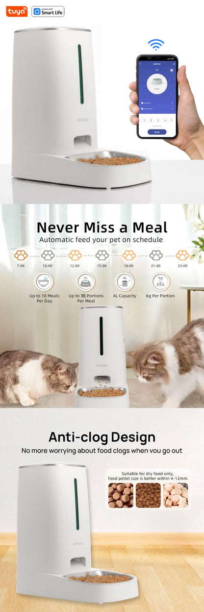 Distributeur automatique de nourriture 4L pour chats et chiens – Contrôle WiFi, bols en acier inoxydable, alarme de niveau bas