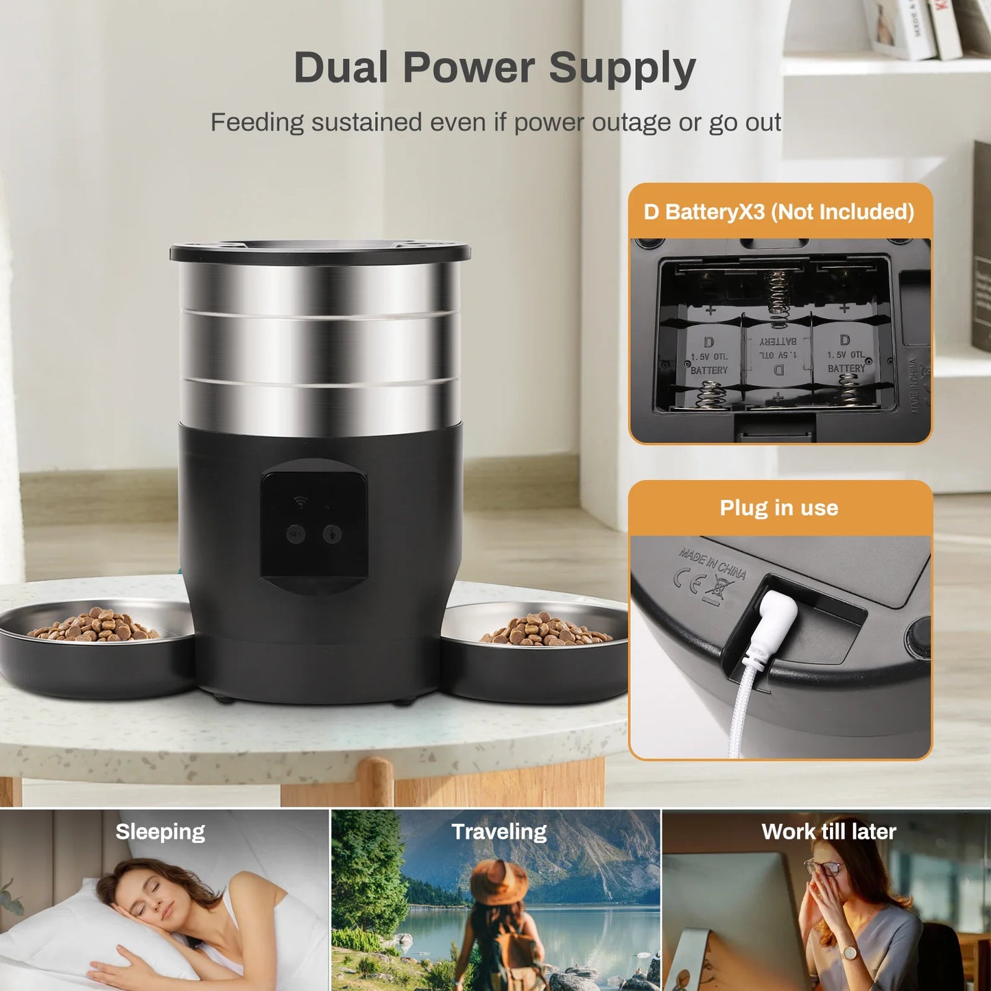 Distributeur automatique de Nourriture intelligent 4,5L – WiFi ou bouton programmable – Deux bols en acier inoxydable, alimentation à distance pour chats et chiens