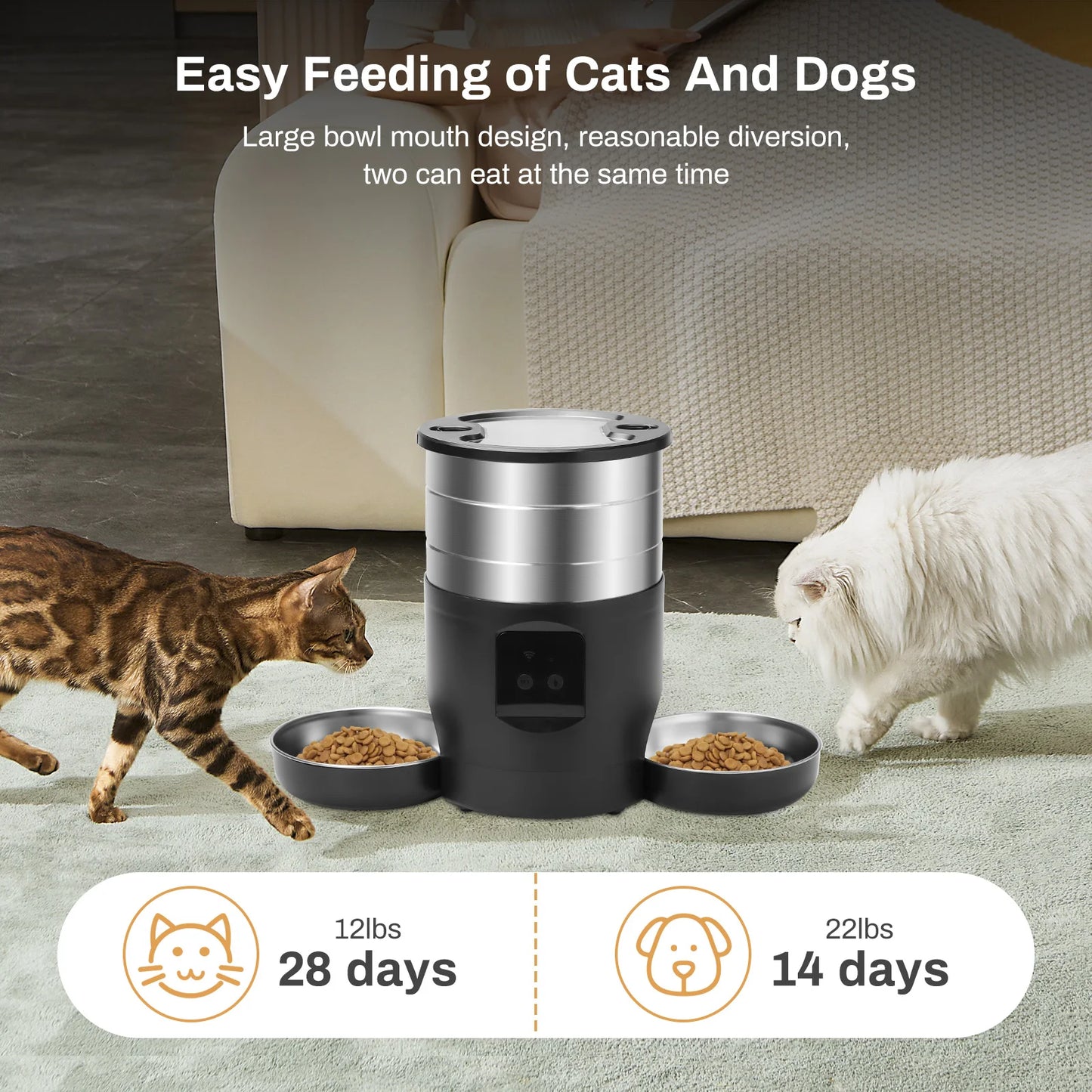 Distributeur automatique de Nourriture intelligent 4,5L – WiFi ou bouton programmable – Deux bols en acier inoxydable, alimentation à distance pour chats et chiens