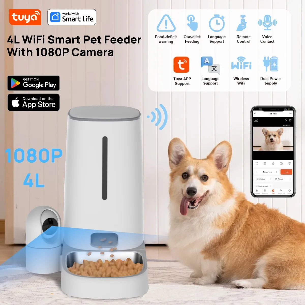 Distributeur automatique de nourriture 4L pour chats et chiens – Contrôle WiFi, bols en acier inoxydable, alarme de niveau bas