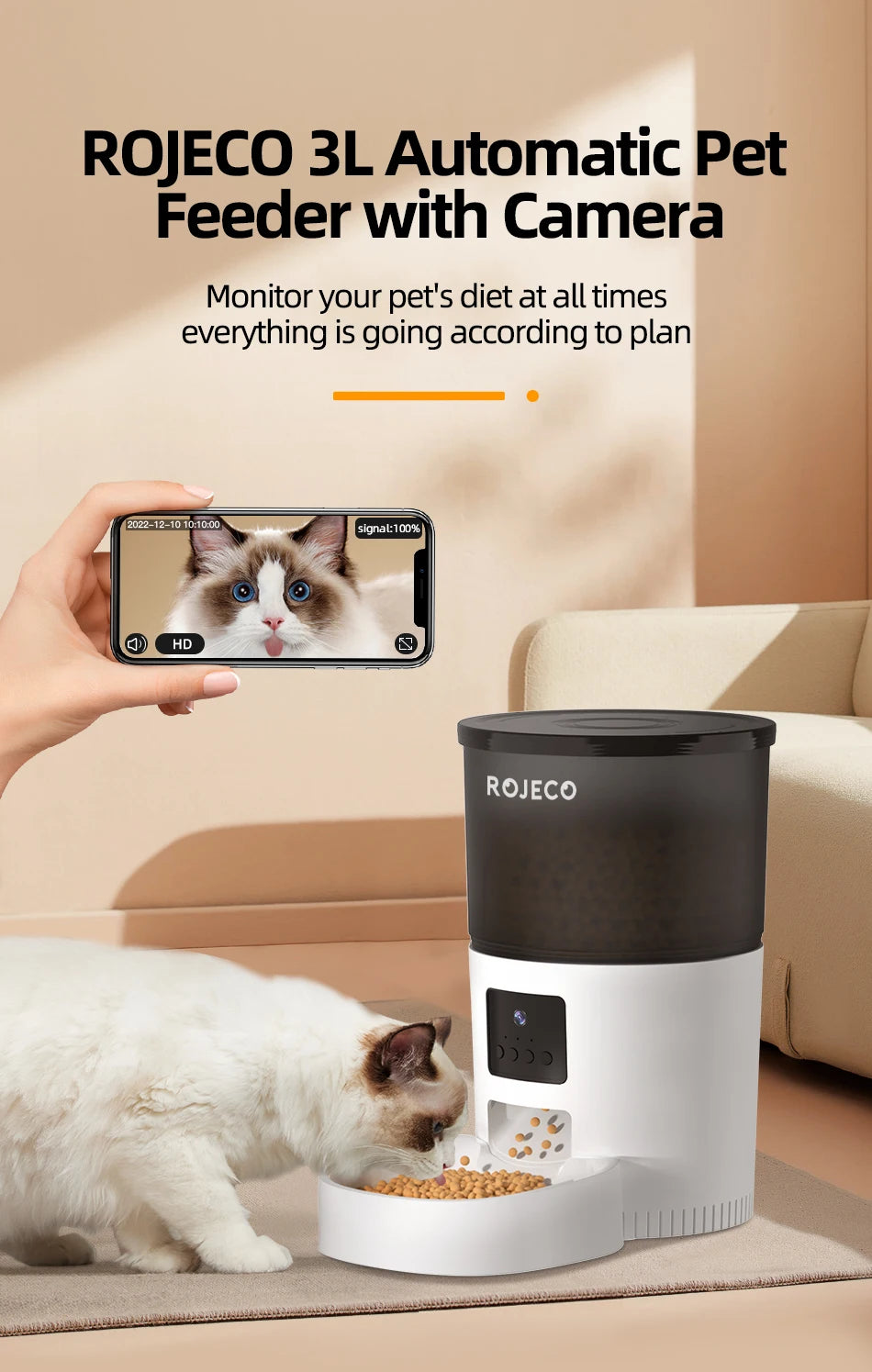 Distributeur automatique de nourriture 3L avec caméra – WiFi rechargeable, programmation et alimentation à distance – Idéal pour chats et chiens