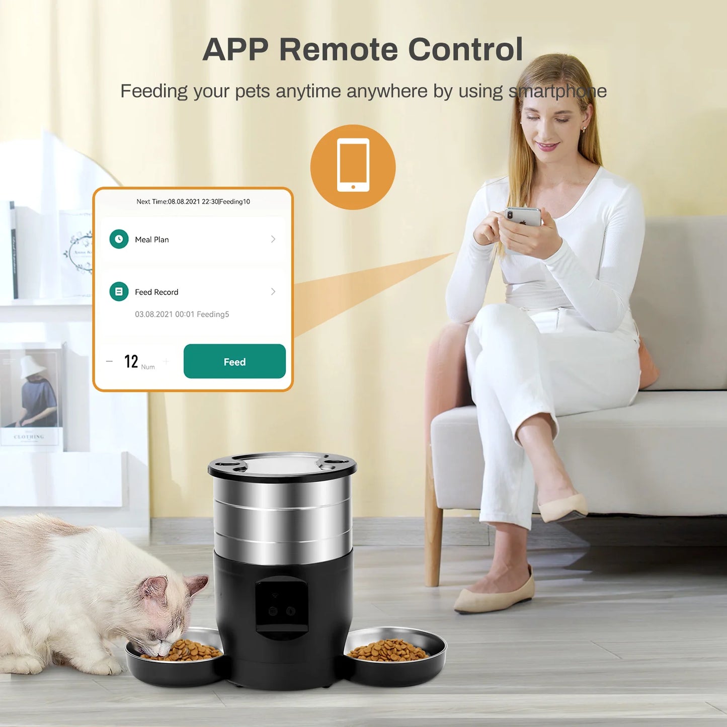 Distributeur automatique de Nourriture intelligent 4,5L – WiFi ou bouton programmable – Deux bols en acier inoxydable, alimentation à distance pour chats et chiens