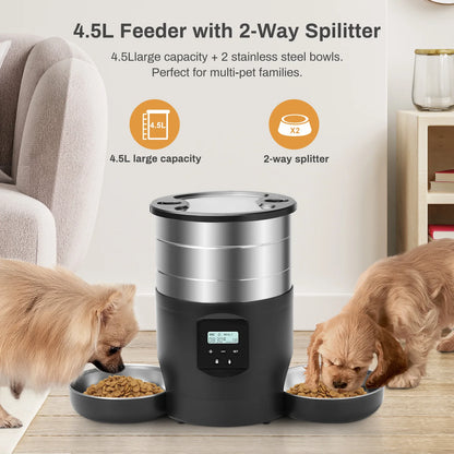 Distributeur automatique de Nourriture intelligent 4,5L – WiFi ou bouton programmable – Deux bols en acier inoxydable, alimentation à distance pour chats et chiens